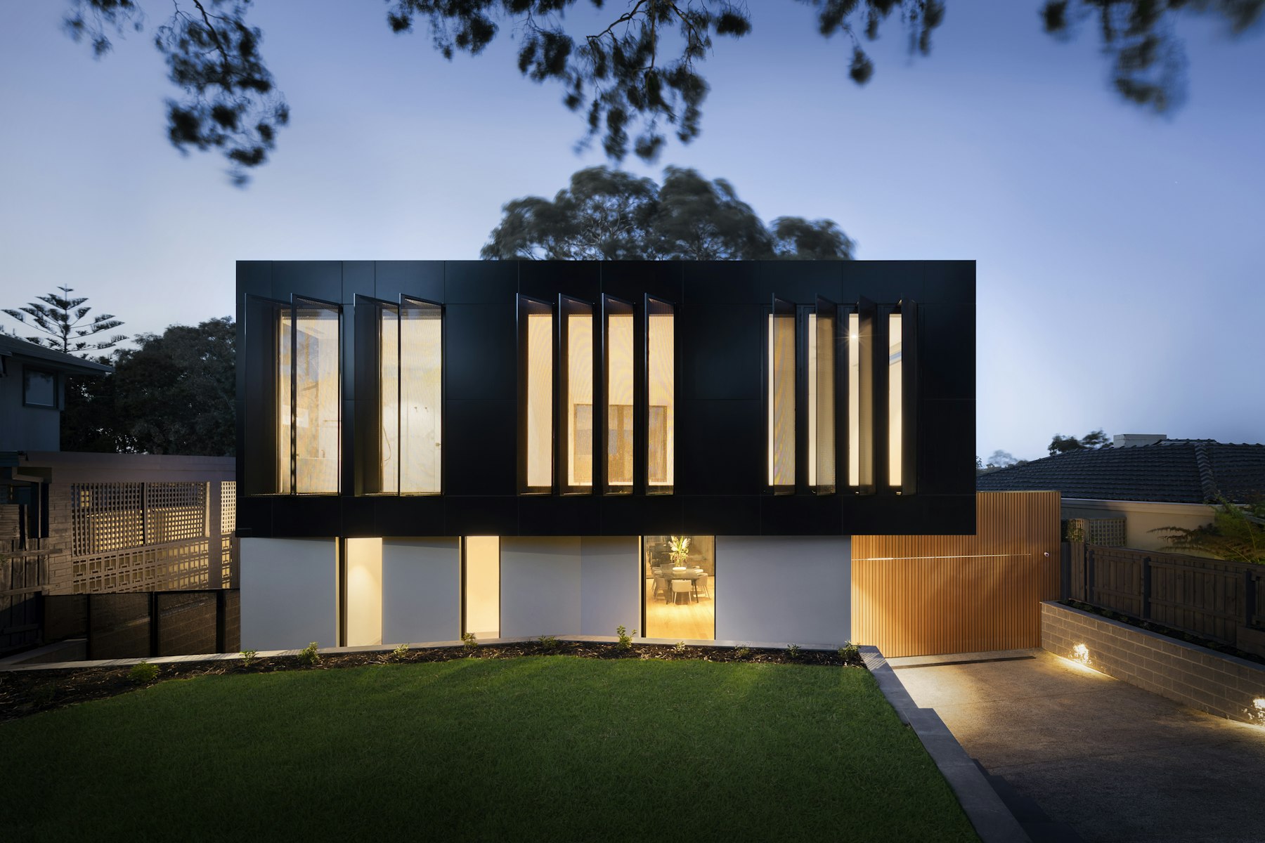 Modern home completed at dusk