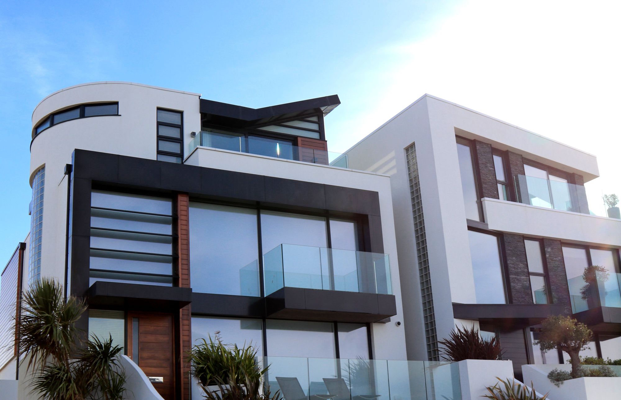 Completed contemporary home at dusk